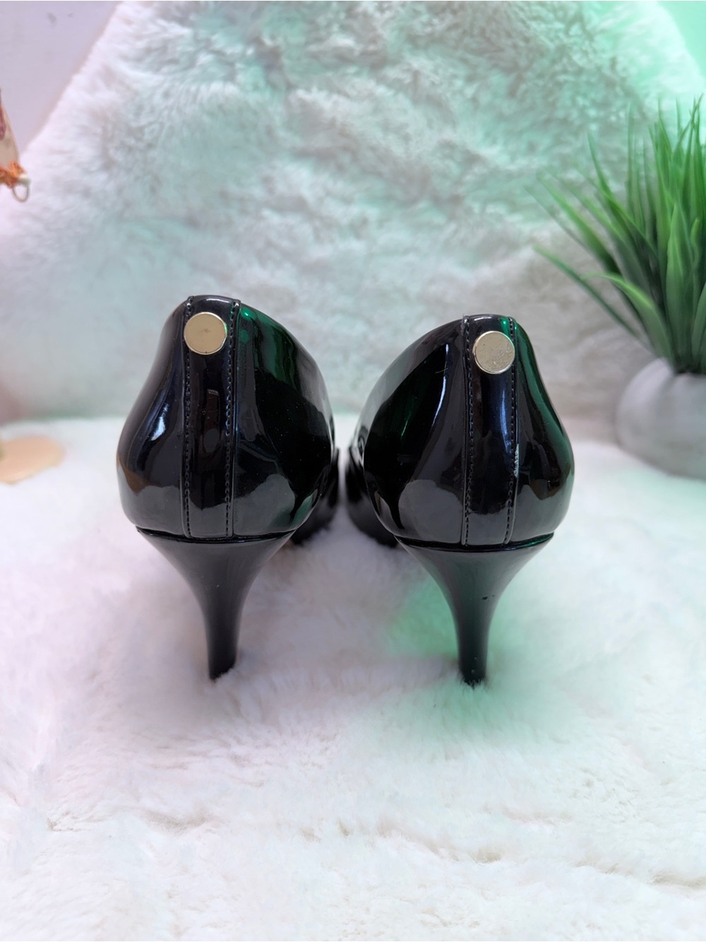 Madden Girl Black Patent Semi Square Toe High Heel Pumps Gold Button Details 🌎